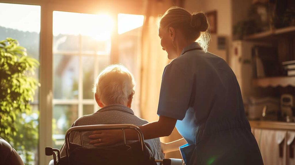 Senior residents gathered at a table playing cards and laughing together indoors.