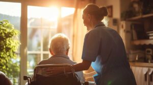 Senior residents gathered at a table playing cards and laughing together indoors.